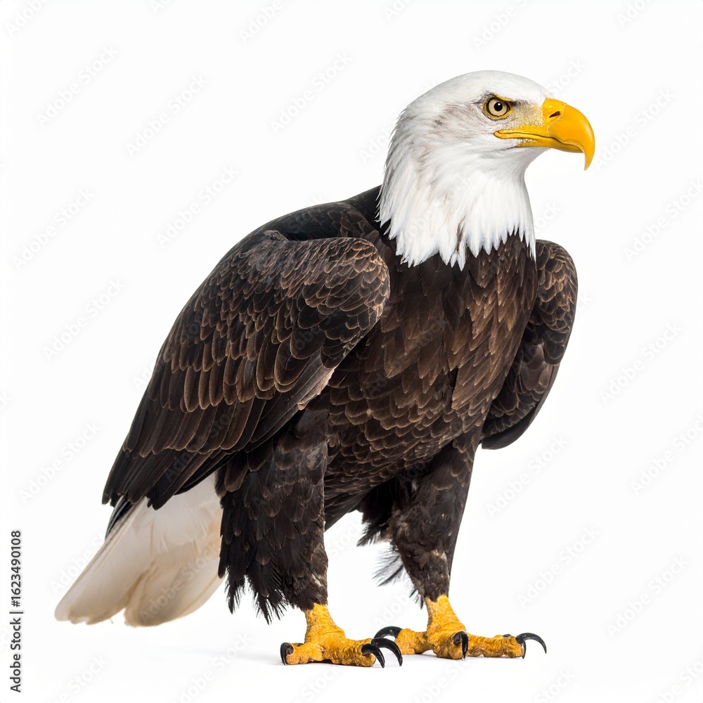 Fototapeta premium Majestic Bald Eagle Standing Profile White Background.