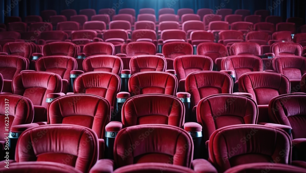 Obraz premium Empty theater seats with red upholstery arranged in rows.