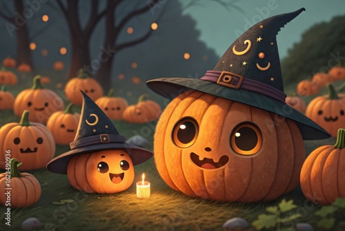 Cute halloween pumpkins wearing witch hats in a spooky forest