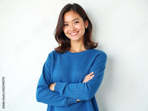 Asian woman smiles in blue sweater. Clean, soft shadows on bright white background for portraits, branding, social media, websites, and marketing use.