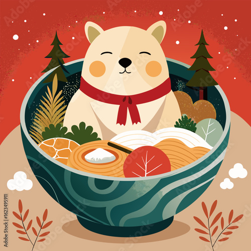 Bear tucked into a bowl of miso soup with tofu and mushrooms, Japanese winter theme, minimal vector style.