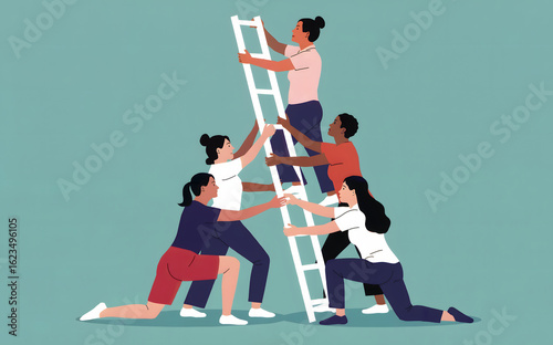 Diverse women supporting each other climb the ladder to success in business and leadership roles with teamwork and collaboration skills