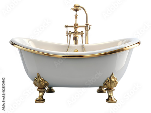 Luxury vintage freestanding bathtub with gold accents and brass faucet, isolated on transparent background