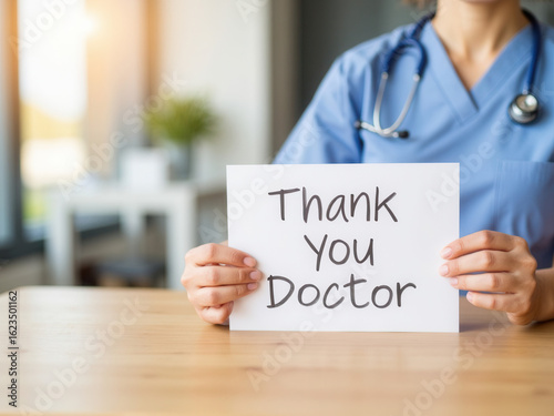 Healthcare worker holding thank you card for doctor in office  