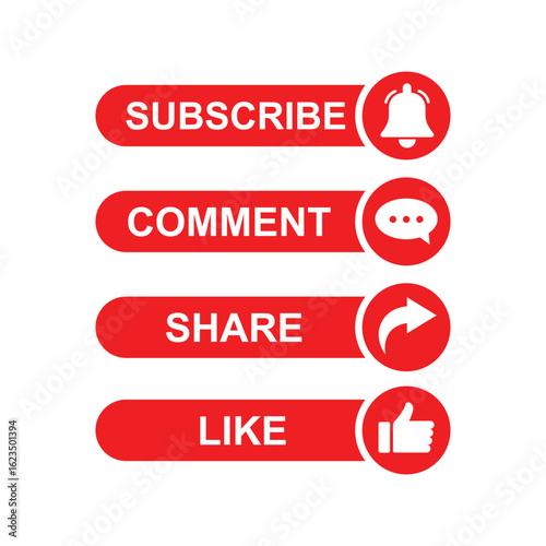 Digital call-to-action buttons featuring subscribe, comment, share, and like options