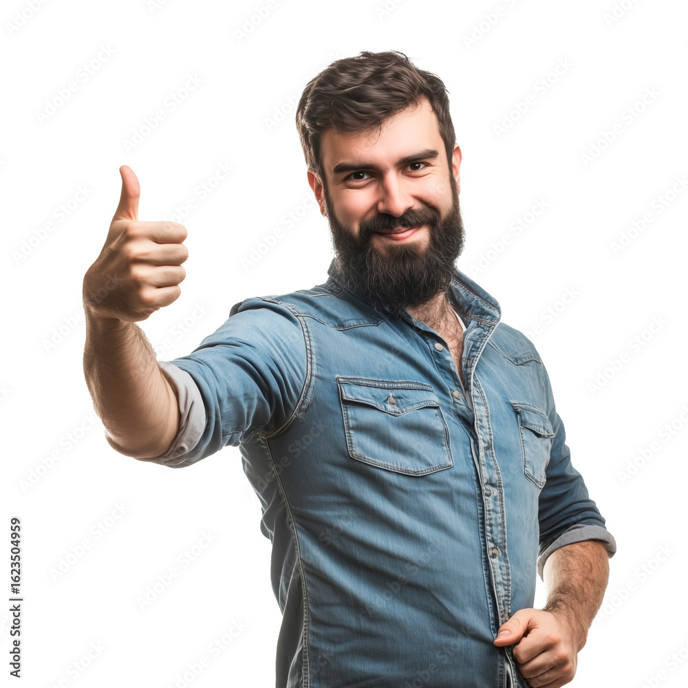 Naklejka premium Bearded man in a denim shirt giving a thumbs up gesture, symbolizing approval, satisfaction, and positive feedback