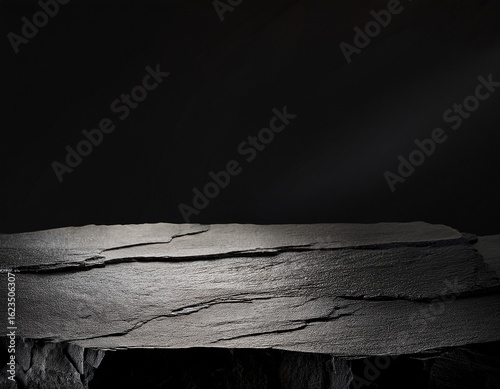 dark detailed rough black rock table for product display and presentation background branding
