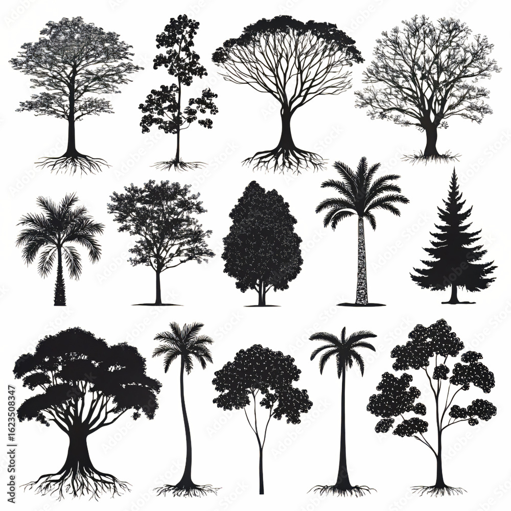 Obraz premium Silhouette Tree Collection 16 Unique Designs for Projects Isolated On Transparent Background