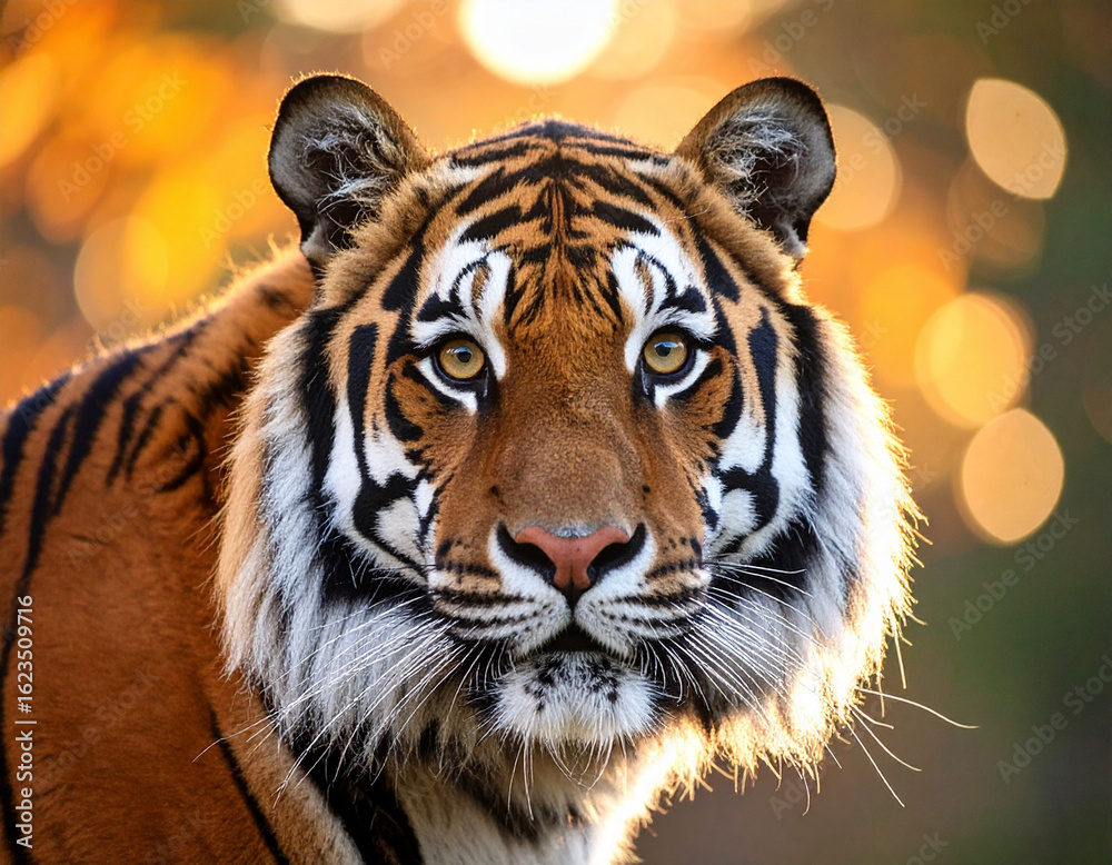 Fototapeta premium Majestic Bengal Tiger Portrait with Intense Gaze and Golden Eyes