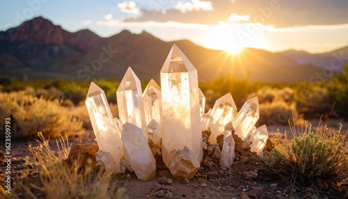 Quartz Crystals at Sunset in Desert Landscape