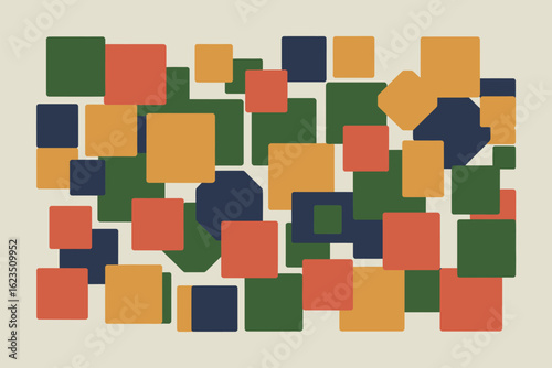 A colorful arrangement of squares and polygons in orange green and blue on a light beige background