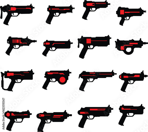 Laser Gun and Sci-Fi Weapon Vector Illustration Set. A futuristic collection of blaster and plasma gun designs for video game and concept art.