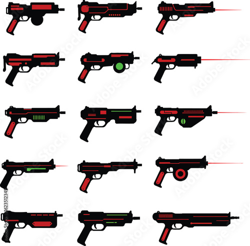 Laser Gun and Sci-Fi Weapon Vector Illustration Set. A futuristic collection of blaster and plasma gun designs for video game and concept art.
