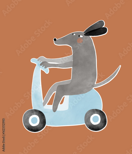 Hand Drawn Vector Illustration Of Gray Dog On a Blue Scooter. Cute Graphic Ideal For Dog Lovers. Nursery Art. Simple Card With Dog With Black Ears On A Brown Background. 
