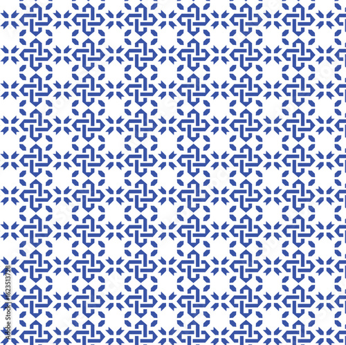 seamless pattern with blue flowers, tessellation, repeating shapes, overlaps, polygons to tile a plane, interlocking geometric shapes, knot-like motif, continuous motion and symmetry, Islamic art