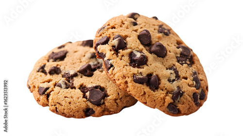 Two chocolate chip cookies on a white backgroundchocolate, chip, cookies, white, background, next, freshly, isolated, food, sweet, dessert, brown, closeup, biscuits, delicious, tasty, stacked, homemad