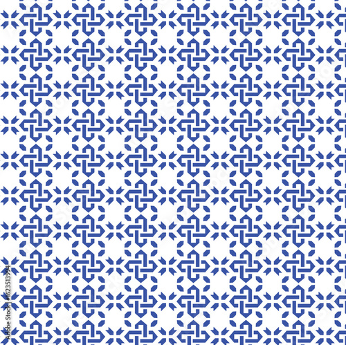 seamless pattern with blue flowers, tessellation, repeating shapes, overlaps, polygons to tile a plane, interlocking geometric shapes, knot-like motif, continuous motion and symmetry, Islamic art