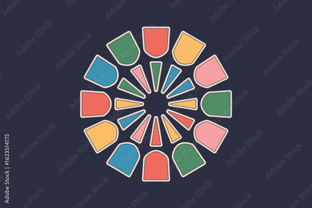 Obraz premium Colorful geometric shapes arranged in a circular pattern against a dark blue background design style