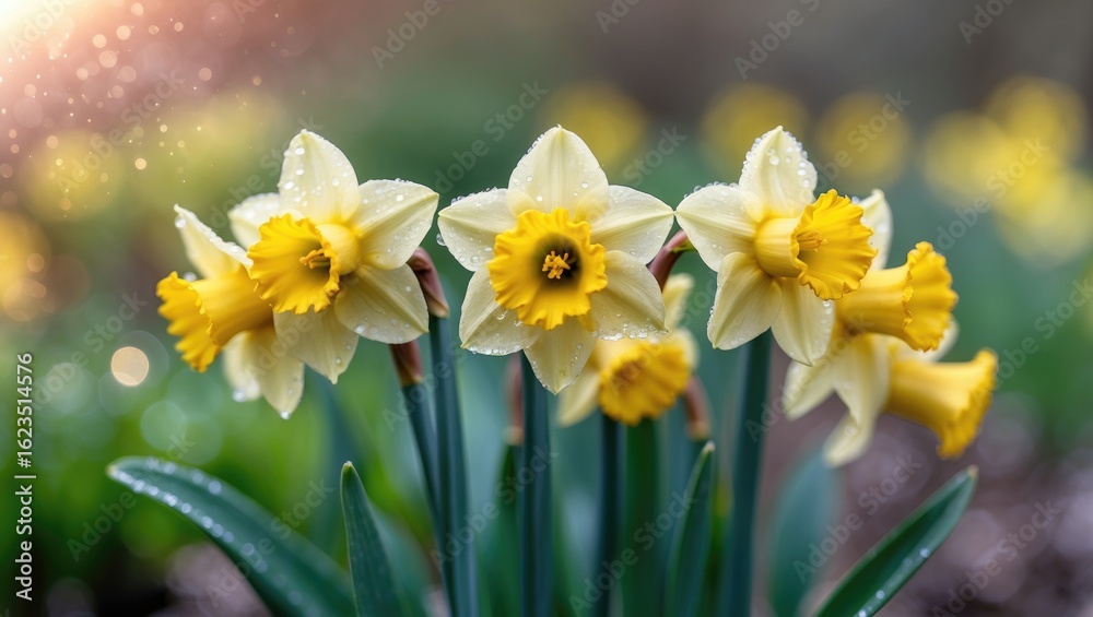Fototapeta premium Daffodils blooming in spring with raindrops on petals and blurred garden background. Nature and floral scene. The image captures the freshness and beauty of flowers after rain.