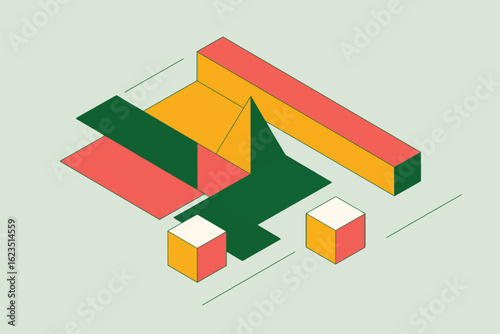 Isometric view of colorful geometric shapes including rectangles cubes and a triangle on a light background