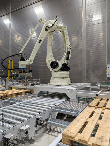 Robotic Arm Sorting Pallets in Industrial Manufacturing Facility