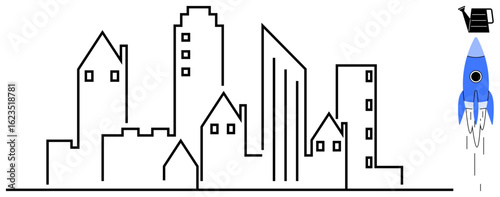 Outline of urban buildings with a blue rocket launching and a watering can above. Ideal for innovation, growth, urban development, creativity, entrepreneurship, startups, sustainability. Simple flat