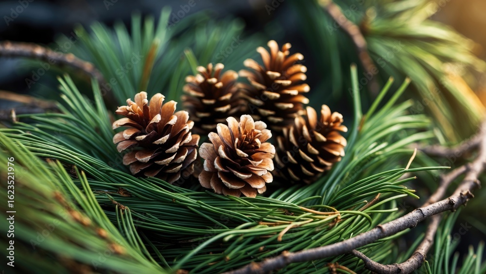Fototapeta premium Pinecones nestled among green pine needles in a natural setting.