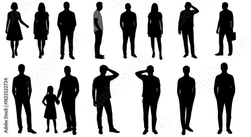 Vector silhouettes men and women, illustration. Silhouettes of young people posing in casual clothes. JPEG version.
