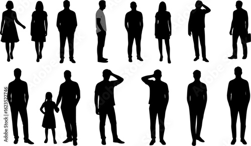 Vector silhouettes men and women, illustration. Silhouettes of young people posing in casual clothes. EPS version.