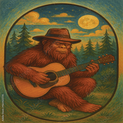 Bigfoot Playing Guitar Under Moonlight – Whimsical Folk Art Illustration in Forest Scene

