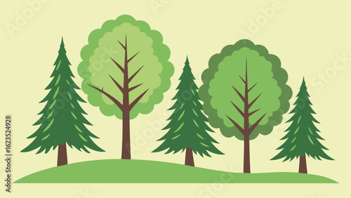 Clean vector illustration of stylized trees on a green hill, depicting a peaceful and idyllic forest scene with simple, flat design.