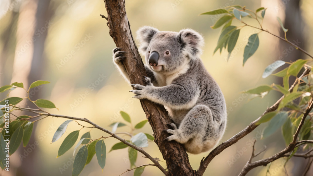Fototapeta premium Close-up of koala holding tree limb with diffused green background.