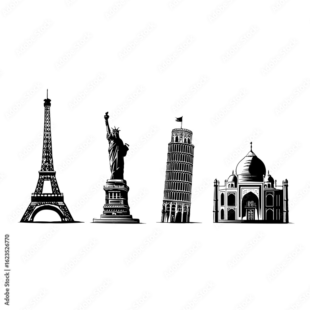 Obraz premium Famous landmarks around the world in black and white silhouette.