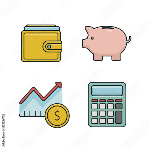 Financial symbols and icons for saving and investing.