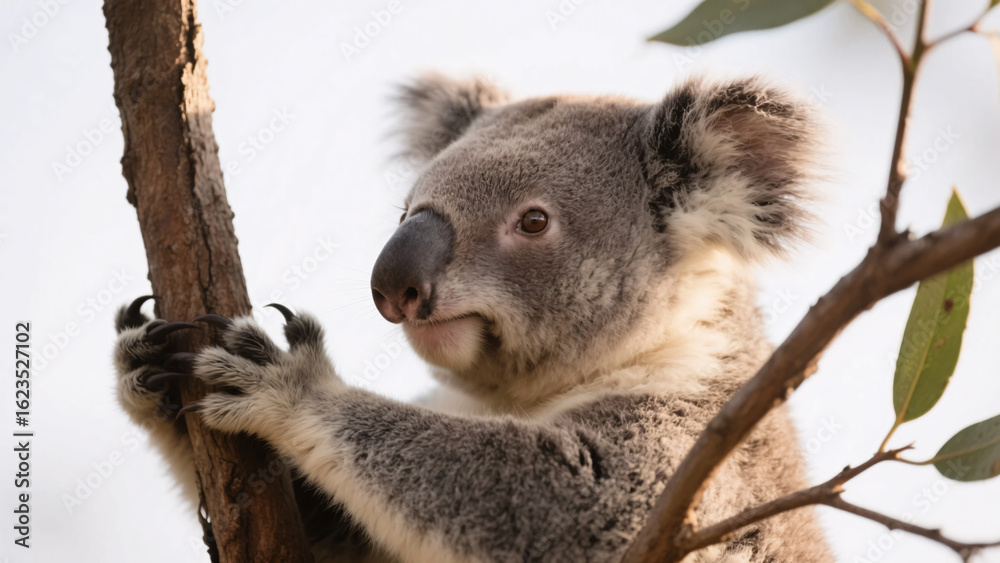 Obraz premium Marsupial wildlife portrait in gentle forest light with eucalyptus leaves.