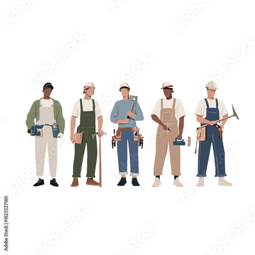 Group of skilled builders in their work attire and tool.