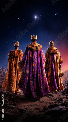 Regal figures in flowing robes follow the star to Bethlehem during the Christmas celebration