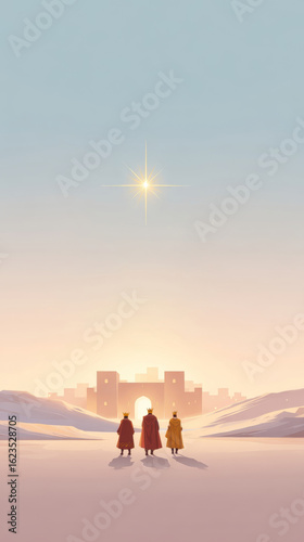 Journey of the three wise men towards Bethlehem under the guiding star during Christmas time
