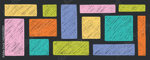 Text box crayon, chalk pencil frames doodle set. Kids color borders in sketch style, rectangular and square shapes, grunge texture. Hand drawn vector illustration isolated on black background