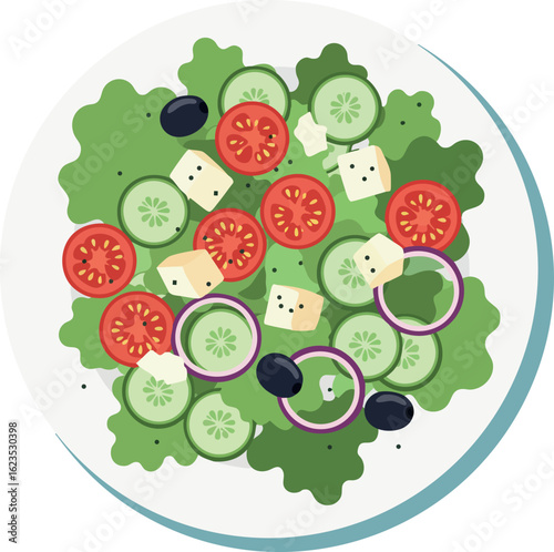 Greek salad vector with fresh cucumber tomato olives feta cheese and lettuce on white plate illustration