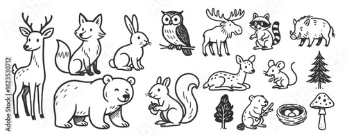 Woodland animals doodle icon set. Cute hand drawn sketch illustrations of bear, deer, fox, squirrel, owl, raccoon. Black and white cartoon art for forest wildlife.