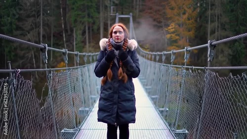 Woman on a suspension bridge in autumn