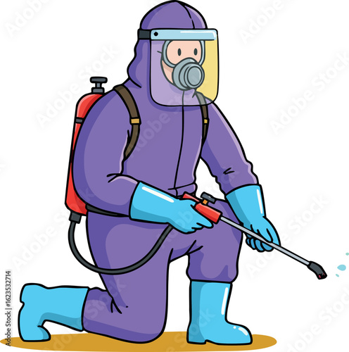 Person in purple hazmat suit spraying disinfectant for contamination control vector illustration