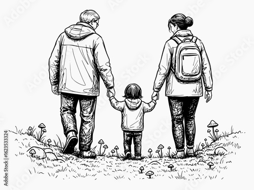 Line art illustration of a family walking together outdoors. Pen and ink sketch, classic style, for editorial or educational use