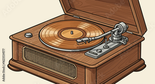 Vintage Wooden Record Player with Built-in Speakers