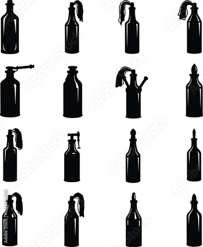 Molotov Cocktail Vector Illustration Set. A dangerous collection of bottle bomb silhouettes for protest, riot, crime, and rebellion concepts.