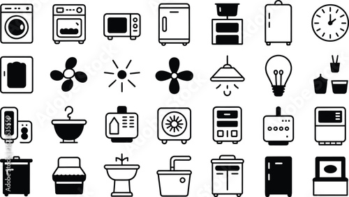 Collection of household appliances and electronics icons in a grid layout
