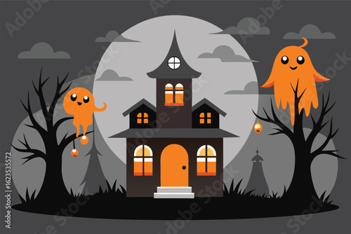 Spooky Halloween haunted house with cute orange ghosts and bare trees scary