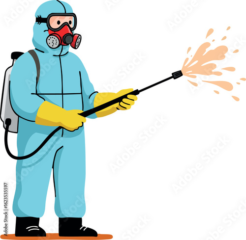 Person wearing protective suit spraying disinfectant with safety mask and gloves vector illustration for sanitation and cleaning purposes