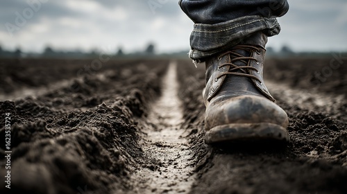 A close-up of a worker's boots, clean but sturdy, standing in a furrow of dark, rich soil. 